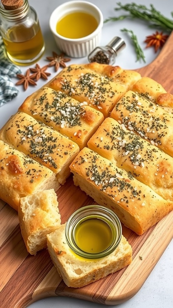 Freshly baked Zaatar Focaccia Bread topped with zaatar and sea salt, served with olive oil for dipping.
